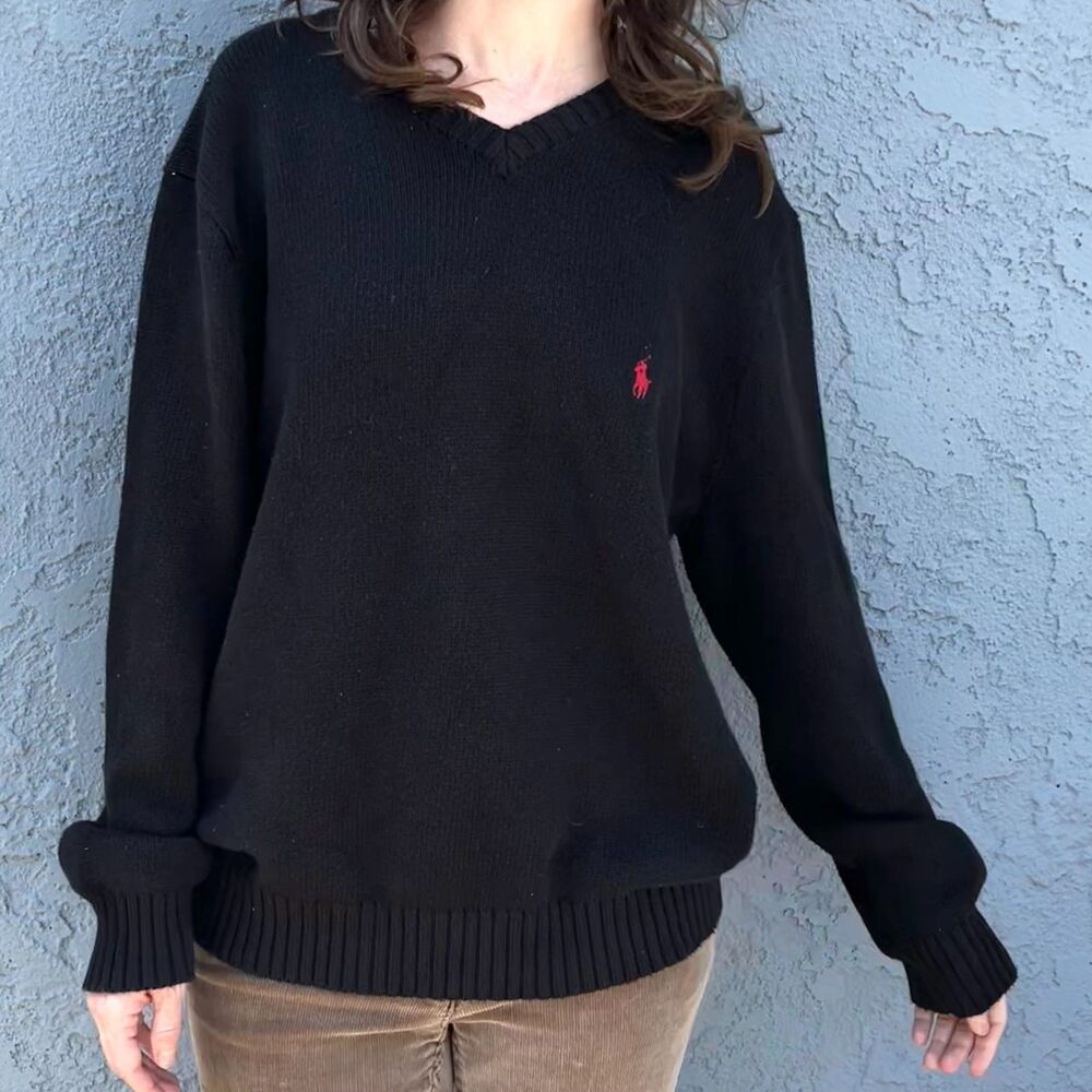 Polo Ralph Lauren Sweater Mens XL Black V-Neck Knit Cotton Vintage L